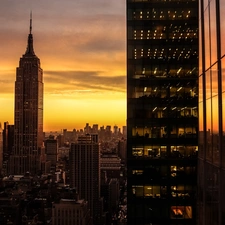 clouds, Jork, west, skyscrapers, New, Manhattan, sun