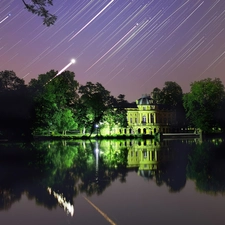 Mansion, Night, Falling, star, Pond - car, Floodlit