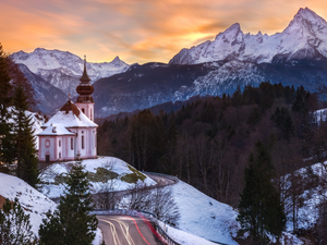 trees, woods, Bavaria, Sanctuary of Maria Gern, Germany, winter, Church, viewes, Mountains, Sunrise, Way, Berchtesgaden, Salzburg Slate Alps