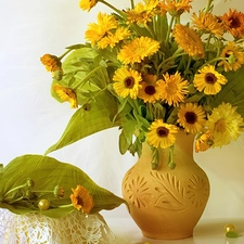earthen, Yellow, Marigolds, Vase