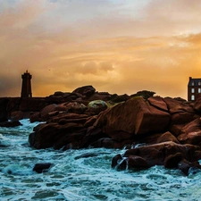 sea, Lighthouse, maritime, rocks