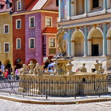 market, Poznań, houses, Old car, fountain