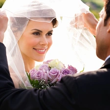 veiling, bouquet, veil, marriage, young lady