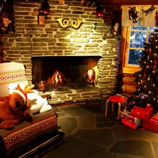 christmas tree, burner chimney, mascot, gifts