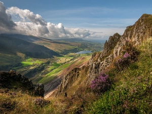 Snowdonia National Park, Mountains, clouds, Peak of Mynydd Mawr, Valley, Nantlle Valley, wales, Plants