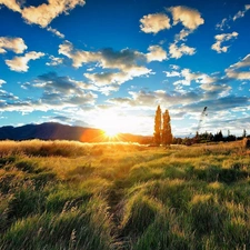 Field, clouds, rays, The Hills, dark, Meadow, sunny