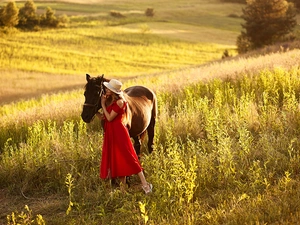 dress, Women, Horse, Meadow, Hat, red hot