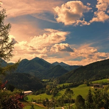 medows, clouds, woods, Farms, Mountains
