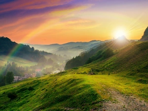 medows, Town, sun, Fog, rays, woods, Mountains, Great Rainbows
