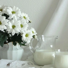 bouquet, jug, milk, napkin, flowers, White