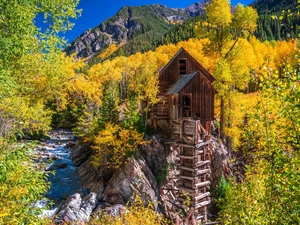 Crystal River, Crystal Mill, Mountains, autumn, Colorado, The United States, trees, viewes, rocks