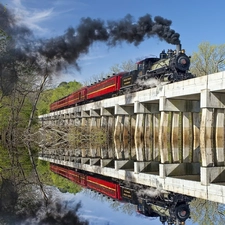 locomotive, reflection, Mirror, bridge
