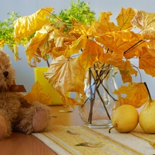 Leaf, bouquet, maple, glass, teddy bear, cones, truck concrete mixer, Plush, Vase