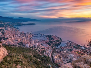 Mountains, Sunrise, Town, Monaco, rocks, sea