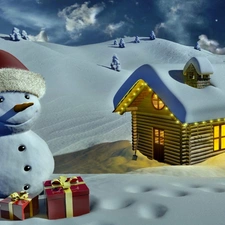 festive, Home, moon, Snowman