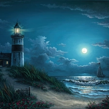 Lighthouses, Night, moon, sea
