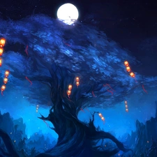 Night, Lanterns, moon, trees
