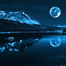 River, winter, moon, Mountains