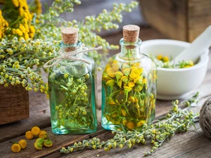 Bottles, mortar, Tansy, Goldenrod, plant