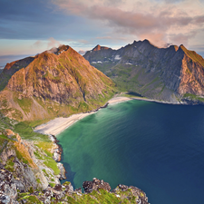 Moskenesoya Island, Norway, sea, Kvalvika Beach, Mountains, Lofoten