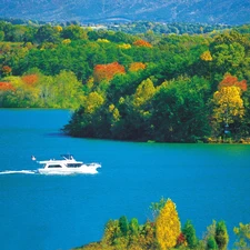 autumn, woods, Motor boat, lake