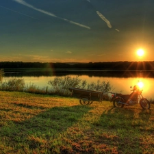 Motorbike, Trailer, west, sun, River