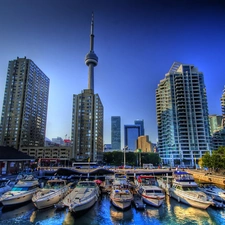 skyscrapers, Toronto, motorboat, clouds