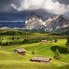 Val Gardena Valley, Seiser Alm Meadow, Dolomites, Sassolungo Mountains, viewes, Italy, Houses, trees, Fog