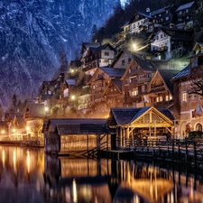 Mountains, Hallstatt, light, Hallstättersee Lake, Austria, Houses, evening