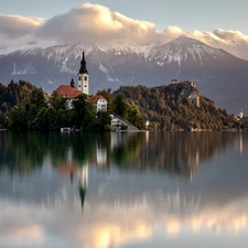 Mountains, Church, reflection, Island, clouds, Lake Bled, Slovenia, Bled Island