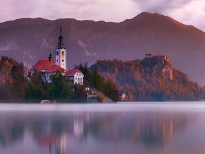 Church of the Annunciation of the Virgin Mary, Lake Bled, Julian Alps, Blejski Otok Island, Slovenia, Mountains, Great Sunsets