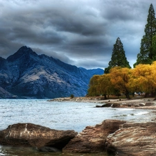 Mountains, clouds, Stones, forest, lake