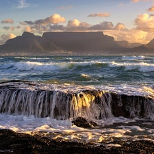 Mountains, clouds, Waves, waterfall, River