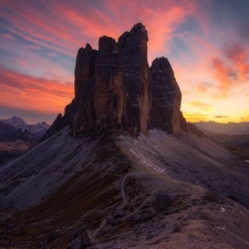 Mountains, Italy, Tre Cime di Lavaredo, Great Sunsets, edifice, Dolomites
