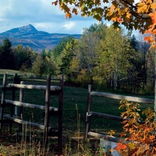 fence, viewes, Mountains, trees