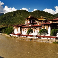 River, China, Mountains, forest, bridge, palace