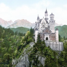 Mountains, Germany, Neuschwanstein, woods, Castle