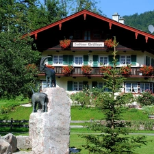 Mountains, Germany, Garden, figures, house