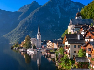 Mountains, woods, Austria, trees, Town Hallstatt, Hallstattersee Lake, Houses, viewes