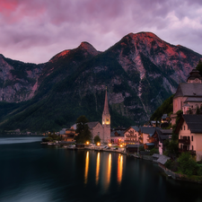 Church, Salzkammergut, Houses, Hallstatt, Austria, Hallstattersee Lake, Mountains