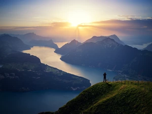 Mountains, rays of the Sun, Canton de Lucerne, Human, Switzerland
