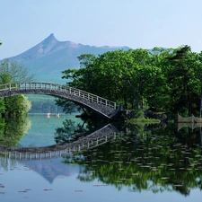 trees, bridges, mountains, Japan, viewes, water