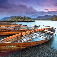 lake, Boats, Mountains, coast