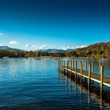 lake, Boats, Mountains, Platform