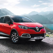 Red, Mountains, lake, Renault Captur