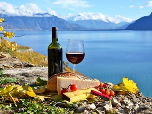 lake, Wine, picnic, Mountains