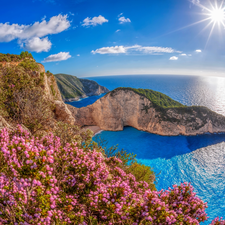 rays of the Sun, Zakynthos Island, Ionian Sea, Navagio Beach, Greece, Gulf, Mountains