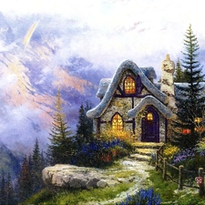 picture, ##, mountains, Cottage