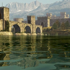 Mountains, Castle, River