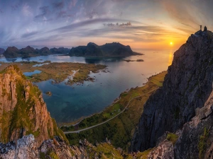 Mountains, Lofoten, Human, North Sea, Norway, rocks, Great Sunsets